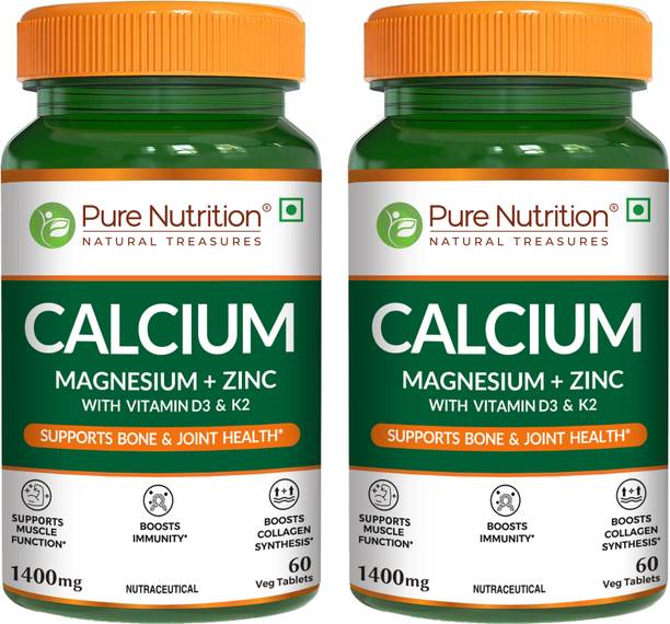 Pure Nutrition Calcium Magnesium & Zinc with Vitamin D3+K2(600 IU) Bone & Joint Health 1400mg