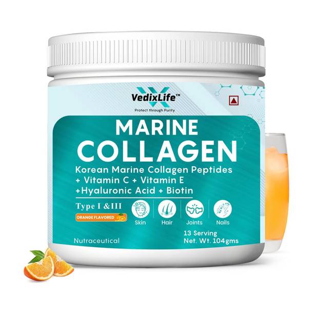 VedixLife Marine Collagen Powder with Vitamin C & E, Bition for Skin Glow & Anti Ageing