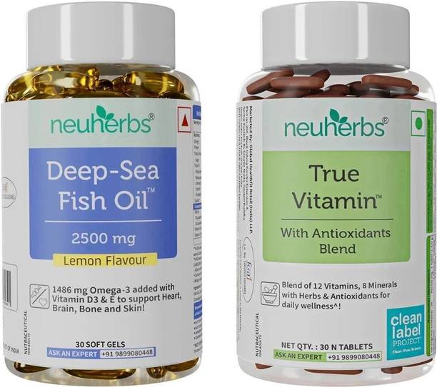 Neuherbs Deep Sea Omega 3 Fish Oil Capsules & Multivitamin True Vitamin Tablets Combo