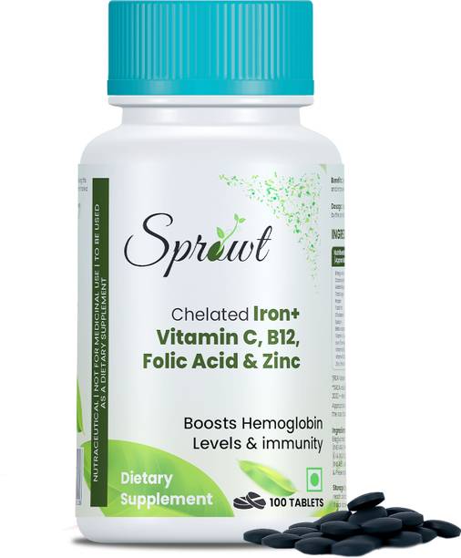 Sprowt Chelated Iron + Vitamin C, B12, Folic Acid & Zinc, Boost Hemoglobin- 100 Tablets