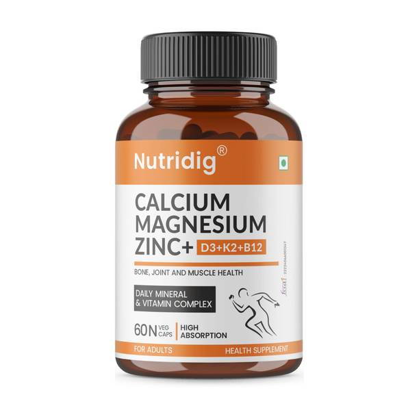 NUTRIDIG Calcium, Magnesium, Zinc with Vitamin D3, K2 & B12 | 60 Capsules