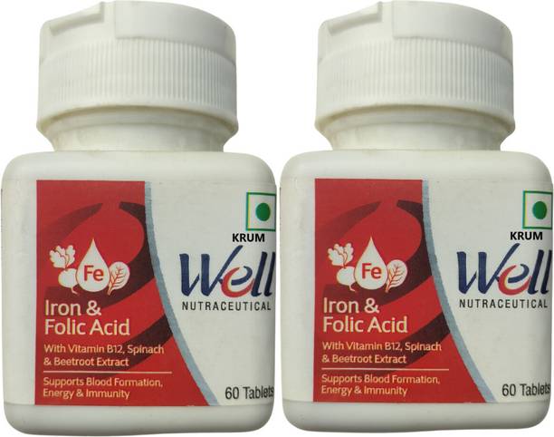 KRUM Well Iron & Folic Acid -supports blood formation, Energy & Immunity pack of 2