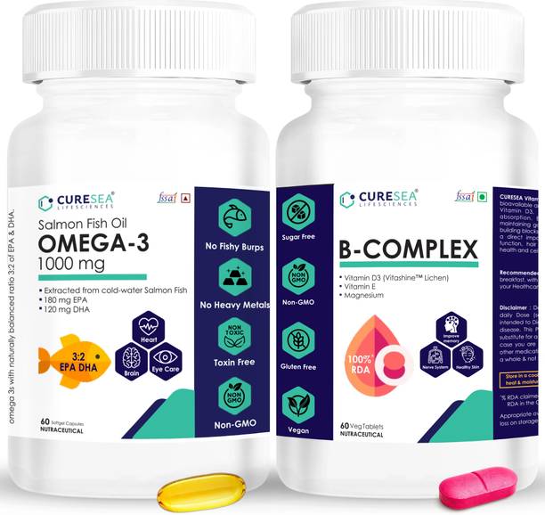 CURESEA LIFESCIENCES Omega 3 Salmon Fish Oil 1000mg and Vitamin B Complex 100% RDA with Vitamin D3, E