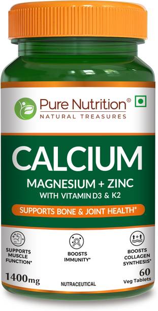 Pure Nutrition Calcium Magnesium & Zinc with Vitamin D3+K2(600 IU) Bone & Joint Health 1400mg