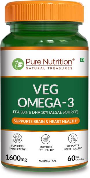 Pure Nutrition Veg Omega-3 Capsules | Algae-Based EPA 30% & DHA 10% | 1600 mg