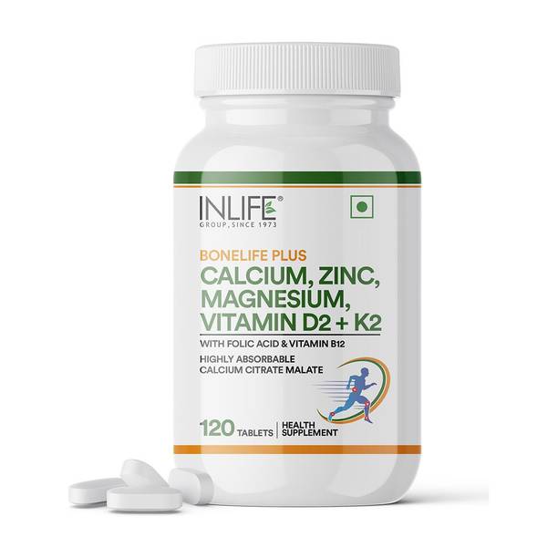 INLIFE Calcium Magnesium Zinc Vitamin D K2 Folic Acid Tablets for Women Men, 120 Tablets