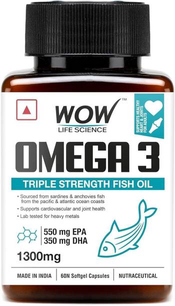 WOW Life Science Omega-3 Fish Oil 1300 mg Triple Strength 550 EPA + 350 DHA Enriched