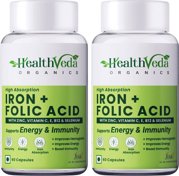 Health Veda Organics Iron + Folic Acid Supplement with Zinc | Vitamin C & Vitamin B12