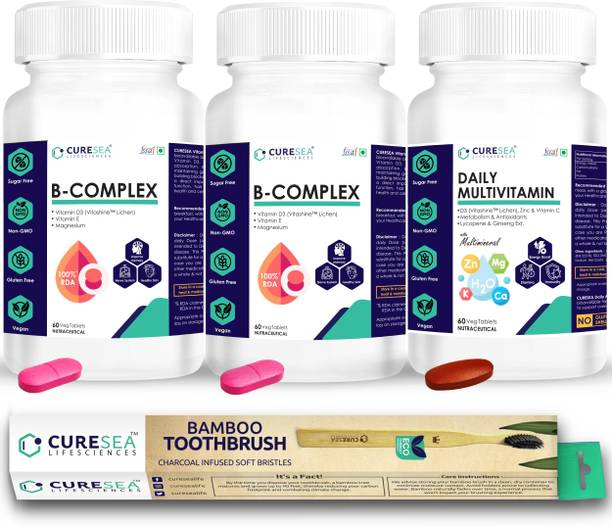 CURESEA LIFESCIENCES Vegan Vitamin B Complex and Daily Multivitamin with Bamboo Toothbrush Combo Pack
