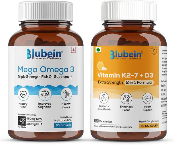 Blubein Omega + D3 Combo | Triple Strength Omega 3 Fish Oil Capsules | Vitamin D3 + K2-7