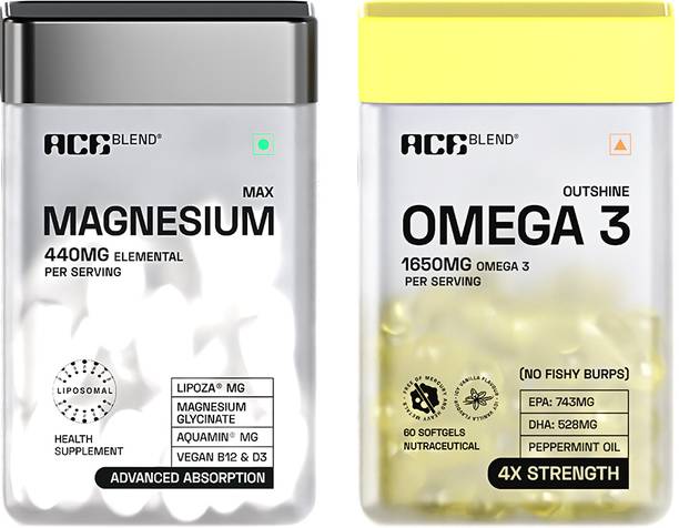 Ace Blend Outshine Omega 3 Fish Oil Capsules 1650mg & Max Magnesium Glycinate 1600mg