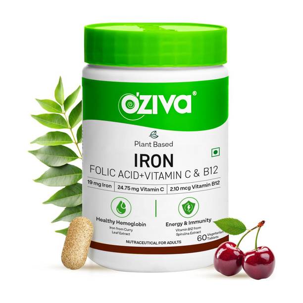 OZiva Iron with Folic Acid | For Healthy Haemoglobin Levels | With Vitamin C & B12