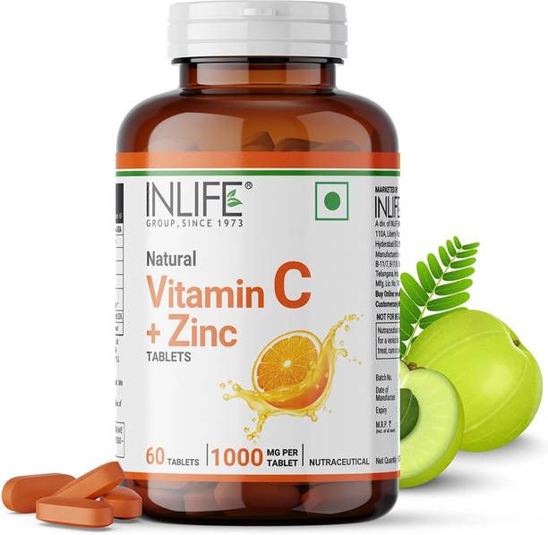 INLIFE Natural Vitamin C 1000mg Amla Extract with Zinc 10mg - 60 Tablets (Orange)