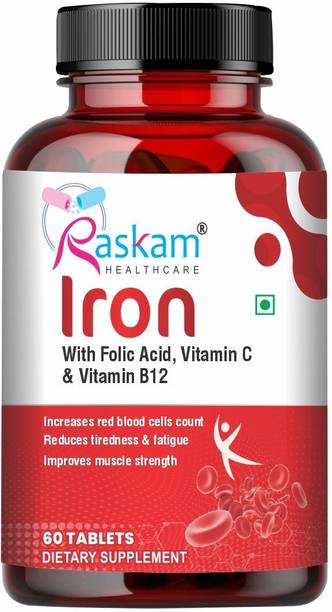 Raskam Iron Supplement with Folic Acid, Vitamin C & Vitamin B12, 60 tablets