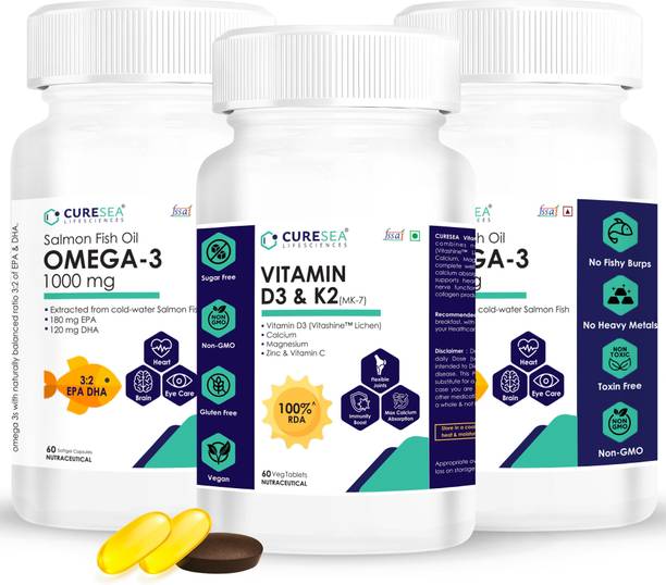CURESEA LIFESCIENCES Omega 3 Salmon Fish Oil (120 Softgels) and Vitamin D3&K2 (MK-7) (60 Tablets)