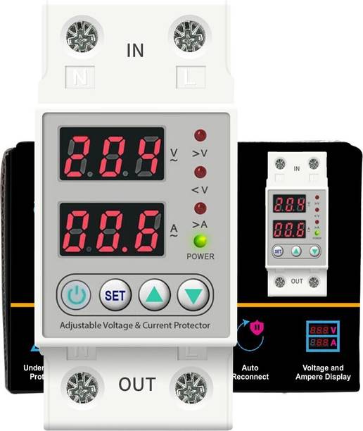 amiciSmart Automatic Over/Under Voltage (Adjustable Setting) Protection with Auto Re-Connect LED Display Standard Din-Rail Mounted Single Phase 220V, 63A Voltage Protection