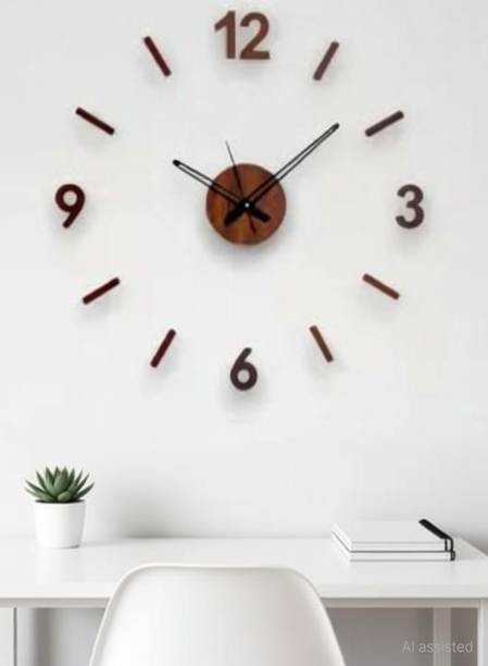 FASTQT 24 inch stylish Wooden 3D numbers wall clock for office,Home,cafe,Restaurant Self Adhesive Sticker