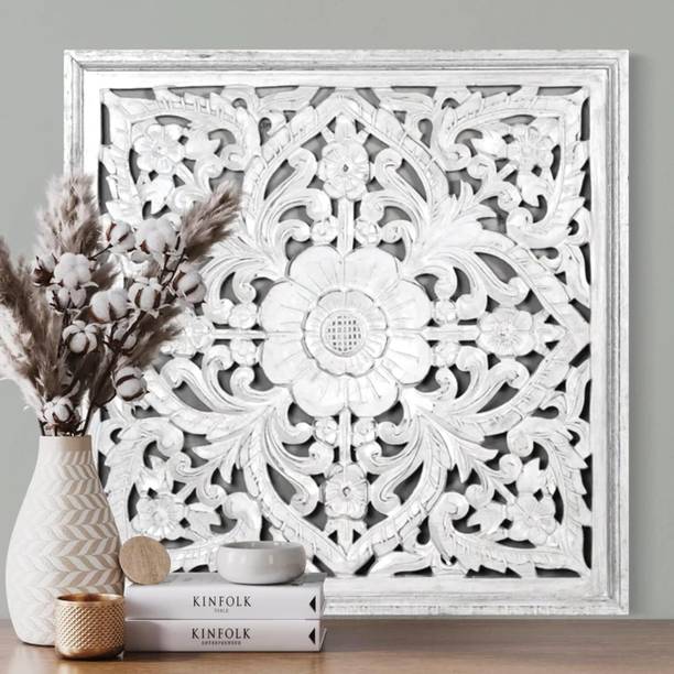 Duadecor Wooden Wall Panel Hanging Décor| Floral Carved Art for Home Decoration - White