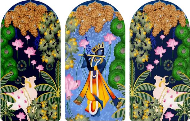 बुक योर गिफ्ट Krishna Ji Pichwai Wood Print Wall Art Set of 3 Decor