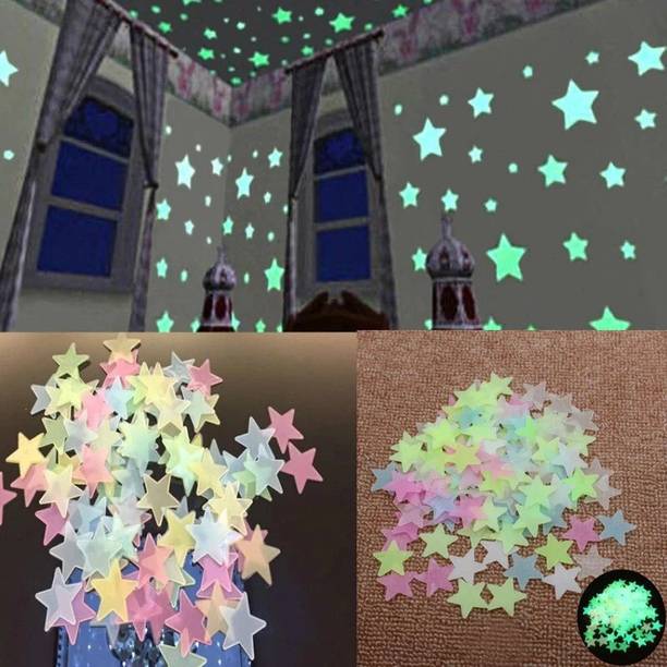QWEEZER Glowing Stars Night Glow wall stickers Perfect For Kids Rooms,Birthday decor Pack of 50