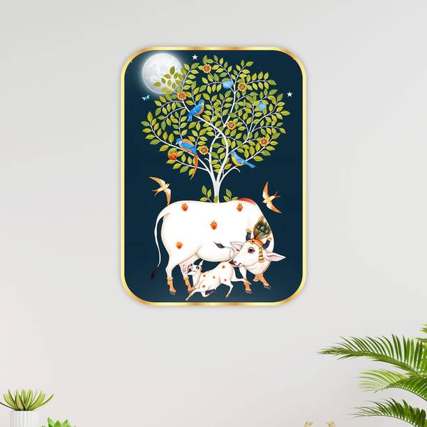SAF PRINT saf Cow pichwai Sparkle Lamination Surface Golden Slim Frame Painting