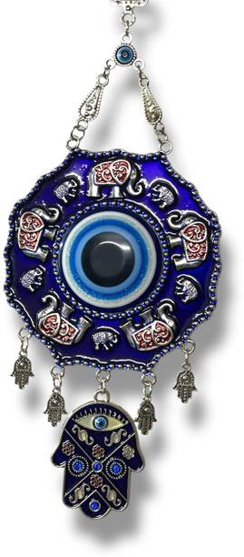 BLUE BEADS Blue Evil Eye Wall Hanging with Elephant & Hamsa Hand Charms