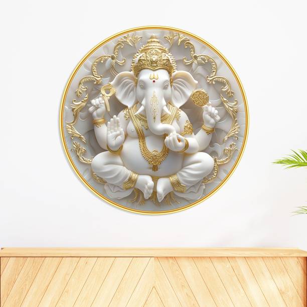SAF PRINT Round Lord Ganesha Wall Art | White & Golden Decorative Ganpati Wall Art