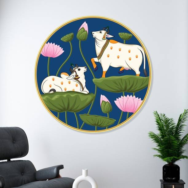 ArtMantra ArtMantra RD-56 Kamdhenu Cow & Lotus Traditional Indian Artwork in Golden Frame Digital Reprint 12 inch x 12 inch Painting