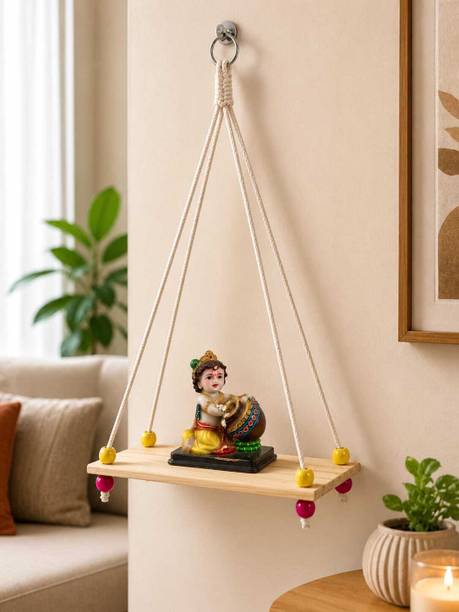 Mantra Impex Decorative Wooden Hanging Shelf with Colorful Beaded Rope – Wall Mounted