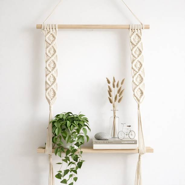 rise and shine e commerce Handcrafted Macrame Wall Shelf with Wooden Base | Boho Hanging Wall Decor Shelf