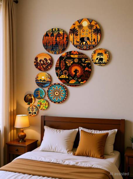 KARNI ART African Tribal Art Wall Hanging,Wooden Round Wall Decor for Living Room, Bedro Pack of 11