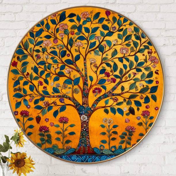 ArtMantra ArtMantra Tree Wall Painting with golden frame Round Wall Art Digital Reprint 11 inch x 12 inch Painting