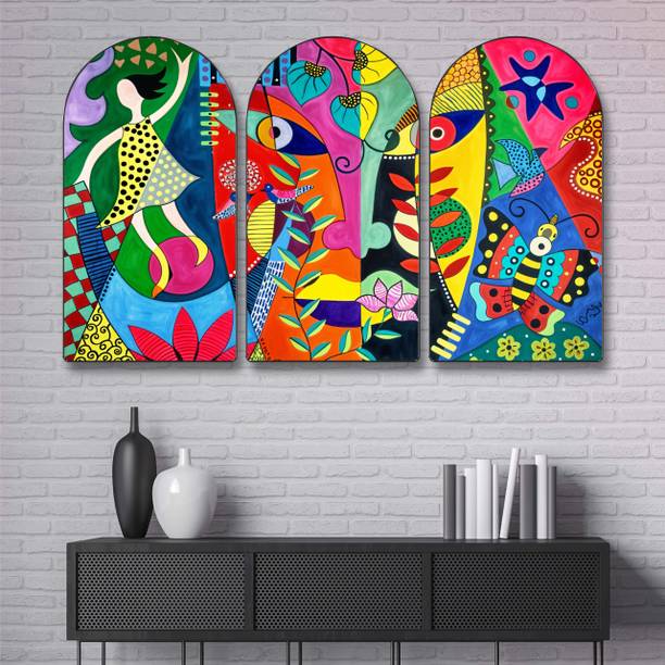 Flipkart Perfect Homes Abstract Modern Wall Art | 3 Panel Vibrant Multicolor Art with Butterfly, Face Digital Reprint 24 inch x 36 inch Painting
