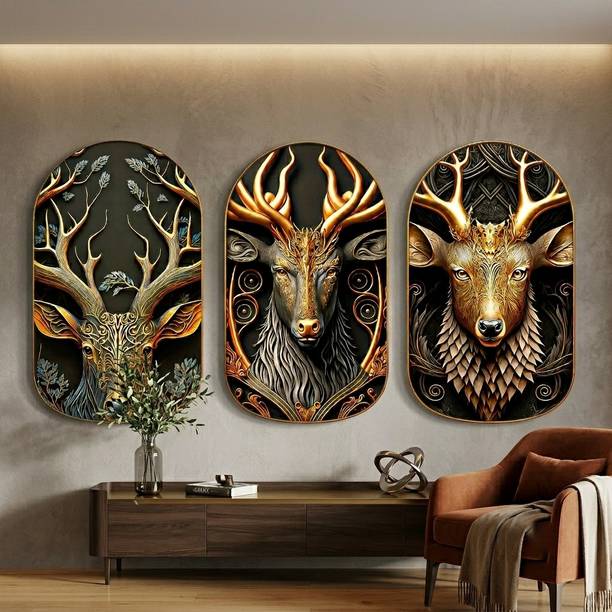 AVD TRONIC Golden Deer Wall art For Home Decor {12x18 Inch} Pack of 3