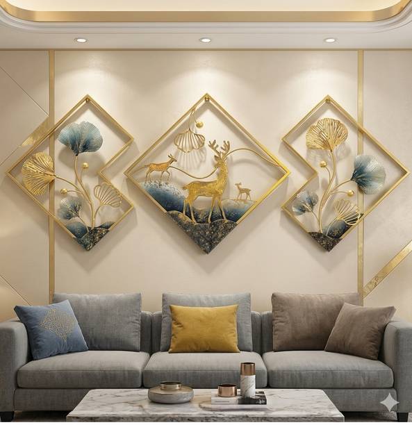 Zanaat Ginkgo and Gold Deer Metal Wall Decor Set Pack of 3