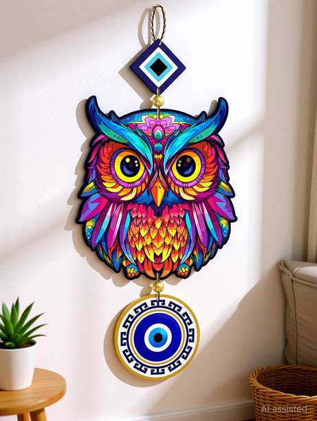 Decor Smart Colorful Owl Wooden Wall Hanging | Evil Eye Decorative Home Decor (DWA_8507)