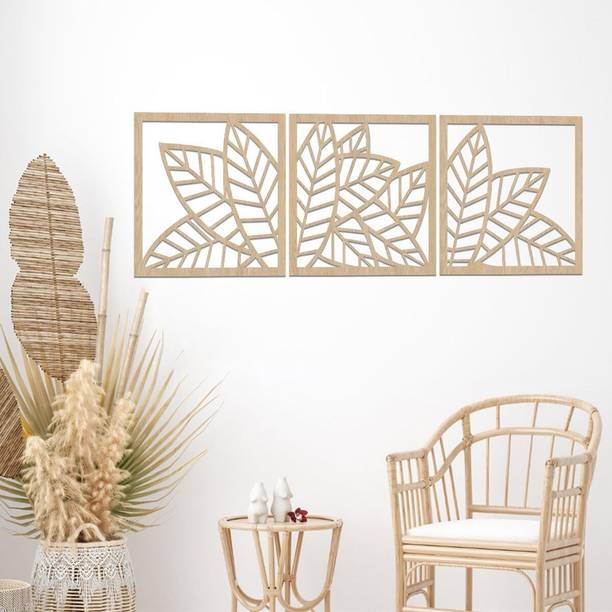 CURIOUS BUTTON Set of 3 Beautiful Leaf Design Unfinished Wood Leaf Art Wall Decor Panel Pack of 3