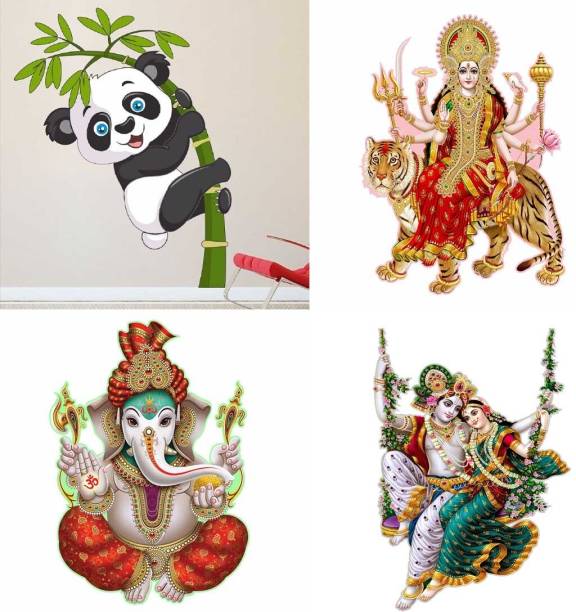 EJAart 45 cm Baby Panda+Sherawali Maa+Ekdant+Radhamadhav Jhula Self Adhesive Sticker