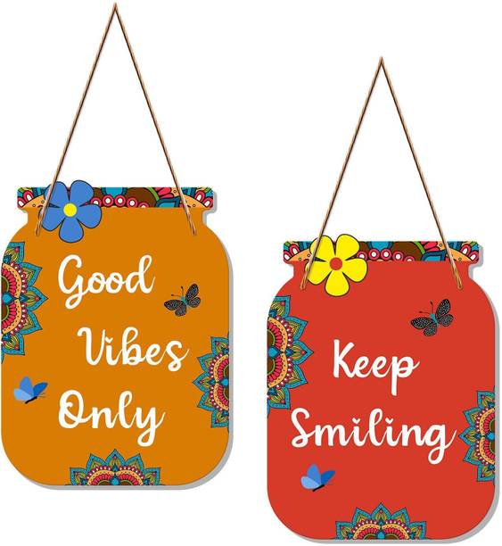 Decor Smart Good Vibes Keep Smiling Wooden Wall hanging | Decorative Home Decor (DWA_6805) Pack of 2