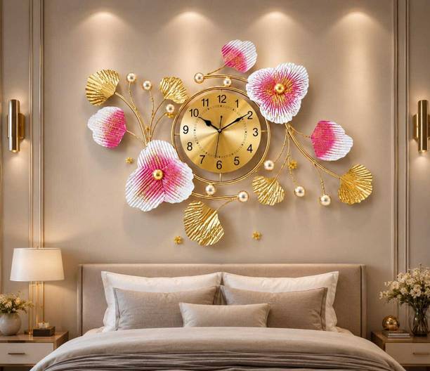 DECO STUDIO Designer Floral Wall Clock for Living Room – Elegant Gold Metal Finish