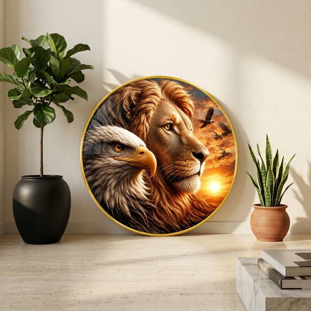 saf Lion Eagle Round Wall Painting with Premium PVC Golden Frame Digital Reprint 16 inch x 16 inch Painting