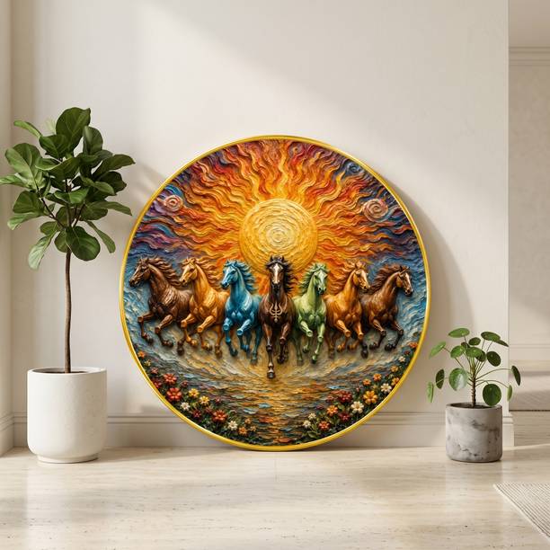 सैफ 7 Horse Colorful Sun Vastu Painting with Premium PVC Golden Frame डिजिटल रीप्रिंट 16 inch x 16 inch पेंटिंग