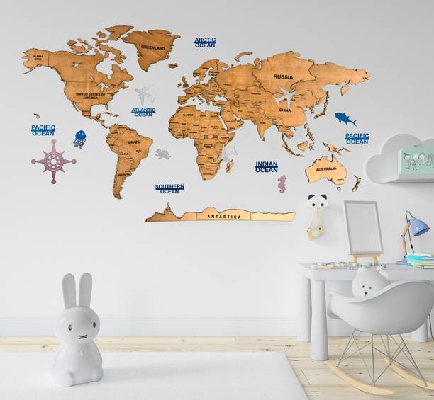 ELK 3D Wooden World Map Wall Décor Metallic Brown Color