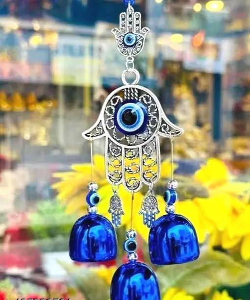 HudaLook Hamsa Hand Evil Eye Wall Hanging with 3 Metal Bells