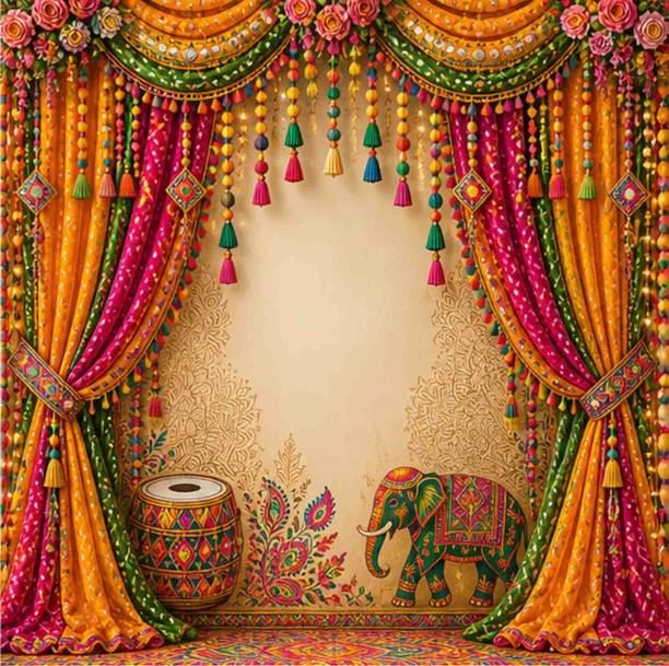 DHARA CREATION Royal Rajasthani Wedding Backdrop Curtain Cloth Size 8Ft x 8Ft