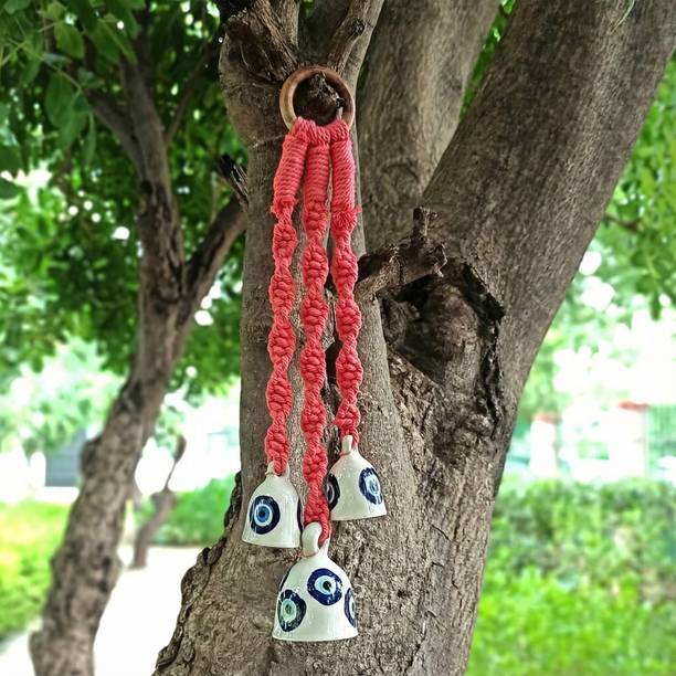 D R Handloom Handmade Macrame Hanging Ceramic Bells - Light Red