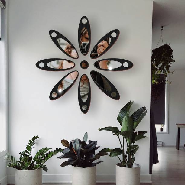 Gloshvi Acrylic Mirror- Black Pine Wood Base,8 Petal+1 Round Center Floral Wall Decor Pack of 9