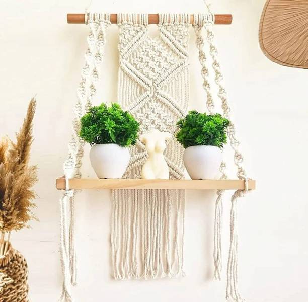 GulzarEmbrodery Handcrafted Macrame Wall Hanging Shelf with Wooden Plank – Boho Decor Plants
