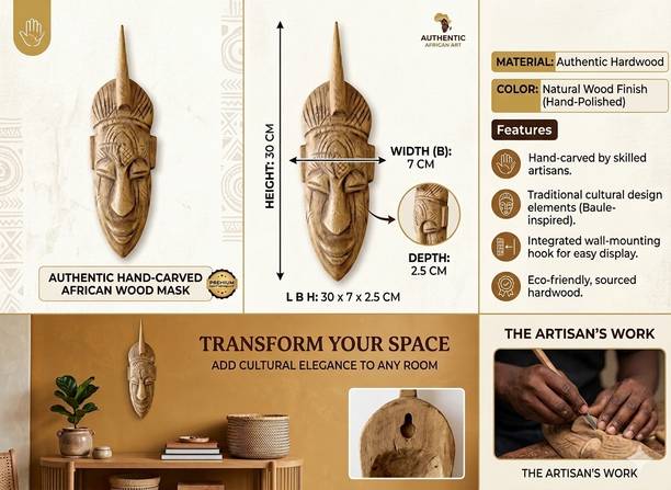 Ukeri Solid Wood African Face Wall Art Premium Handcrafted Tribal Wooden Wall Decor