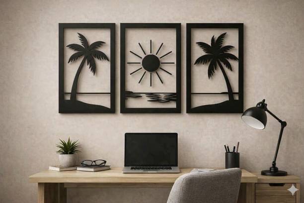 KASHTH KARIGIGA CRAFTS Tropical Palm & Sun 3‑Panel MDF Wall Art – Modern Beach Décor for Living Room Pack of 3